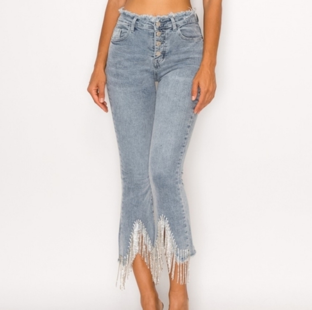 NWT Blue B Collection Rhinestone Fringe Denim Jeans Sz S Cropped High Rise